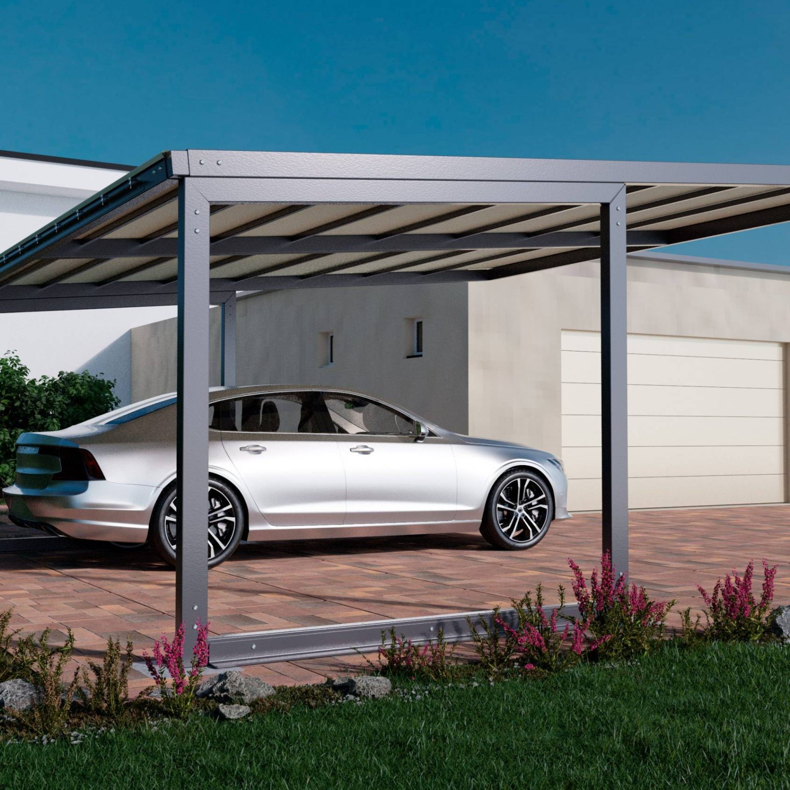 Carport moderno in acciaio antracite con berlina