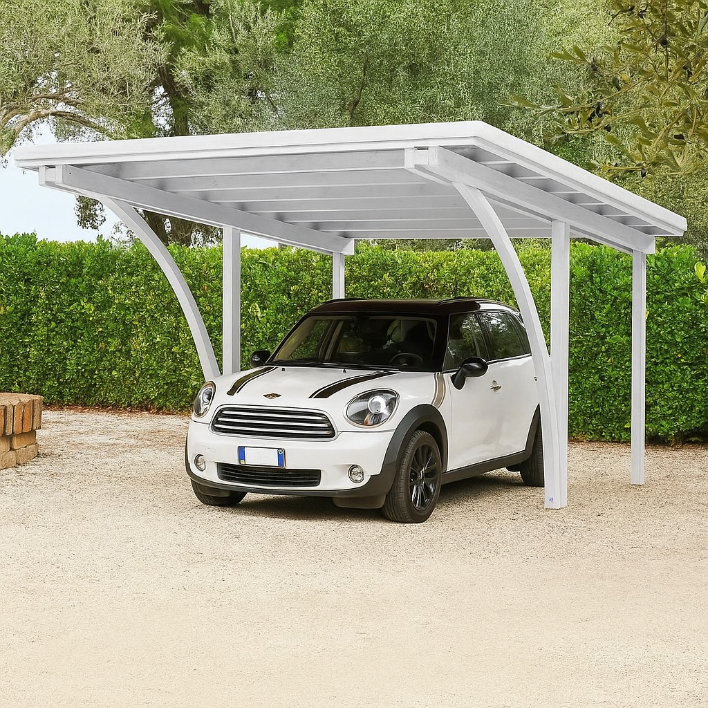 Carport in legno lamellare bianco con auto