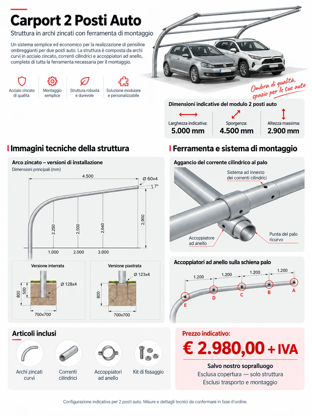 Struttura a due archi zincati con due automobili affiancate: la copertura non è inclusa